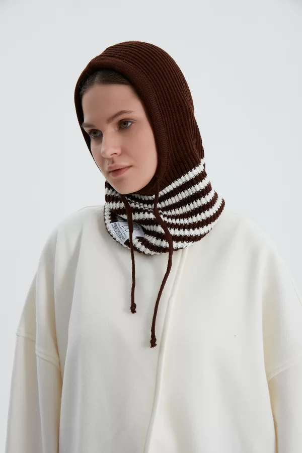 Acı Kahve Çizgili Triko Bere - Görsel 3