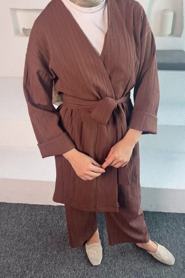 Kahverengi Kimono Müslin Takım - Görsel 3