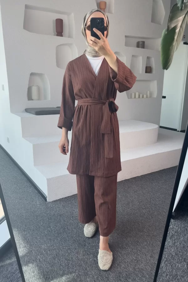 Kahverengi Kimono Müslin Takım - Görsel 2