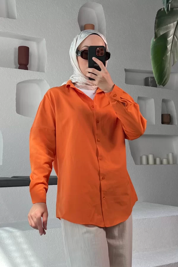 Turuncu Poplin Gömlek - Görsel 2