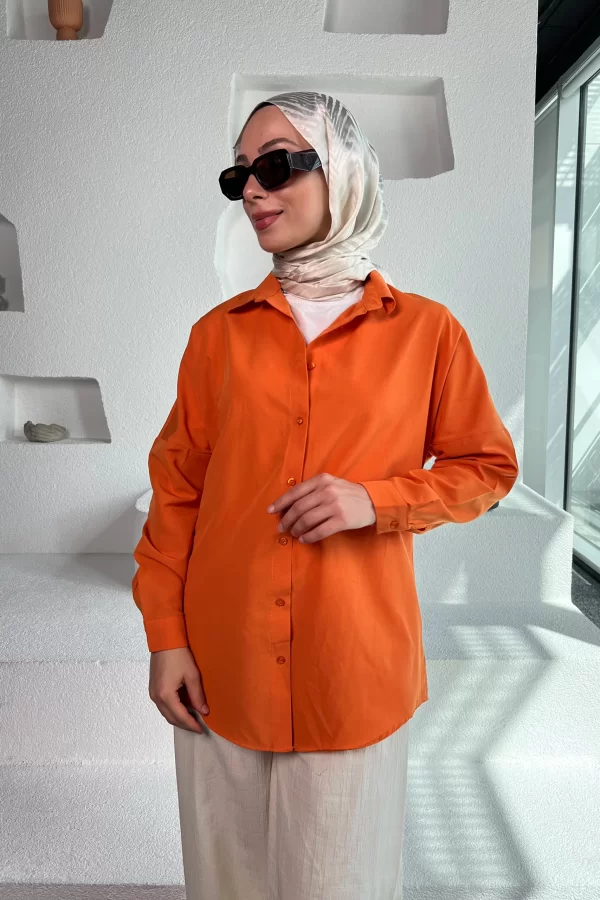 Turuncu Poplin Gömlek - Görsel 3