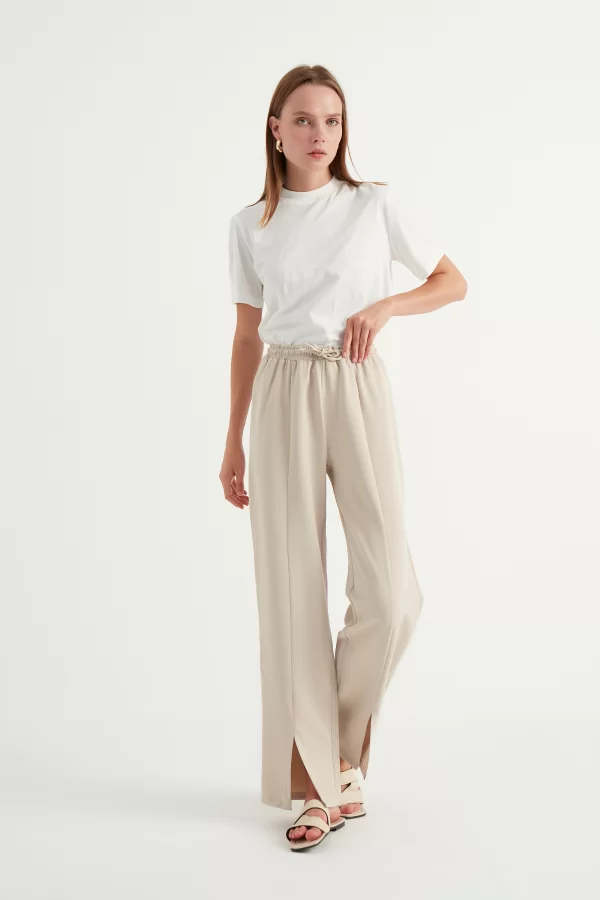 Taş Rengi Yırtmaçlı Krep Pantolon - Görsel 3