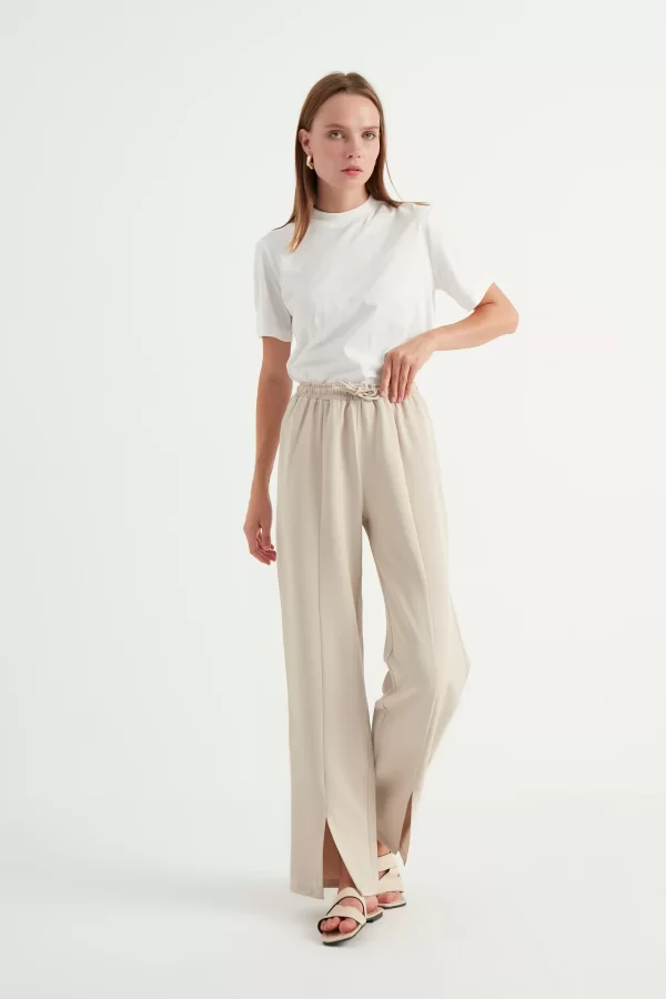 Taş Rengi Yırtmaçlı Krep Pantolon - Görsel 3