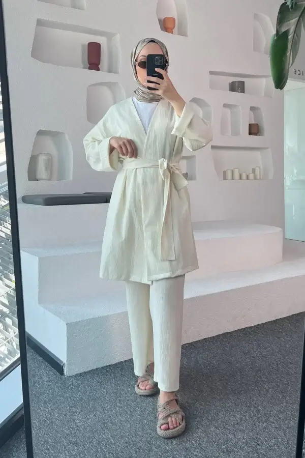 Ekru Kimono Müslin Ceket - Görsel 3