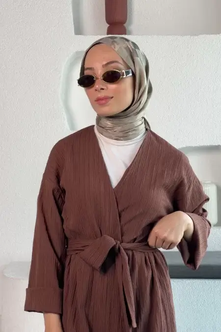 Kahverengi Kimono Müslin Ceket
