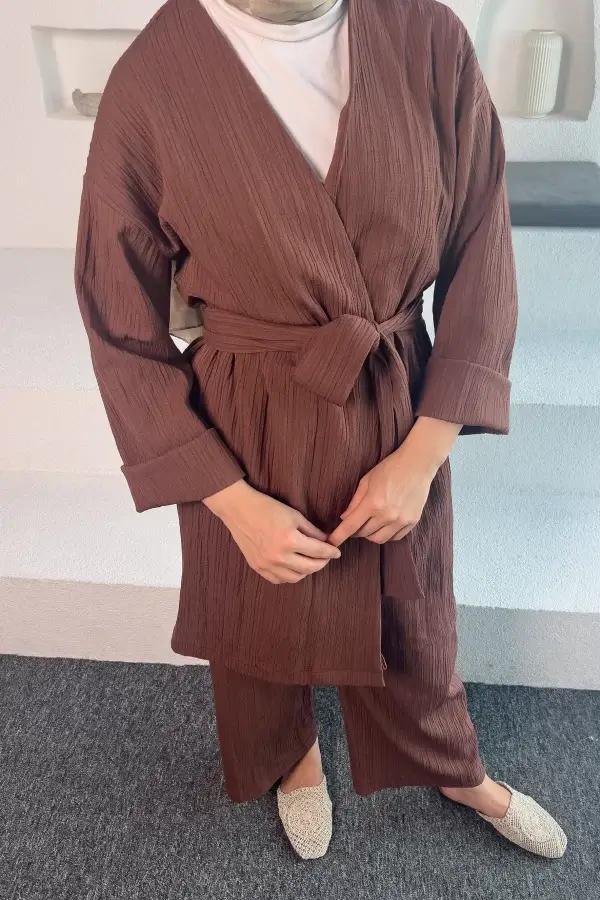 Kahverengi Kimono Müslin Ceket - Görsel 2