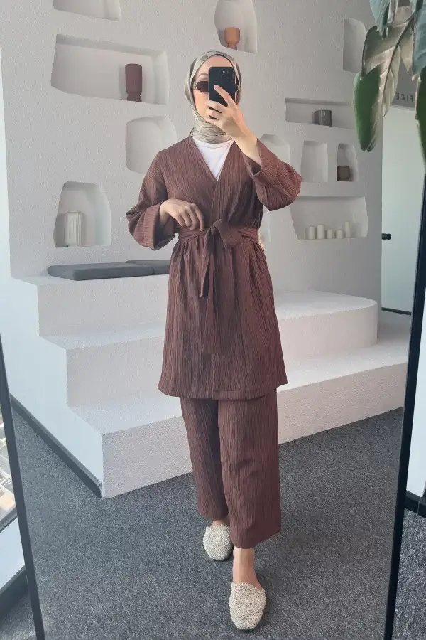 Kahverengi Kimono Müslin Ceket - Görsel 3