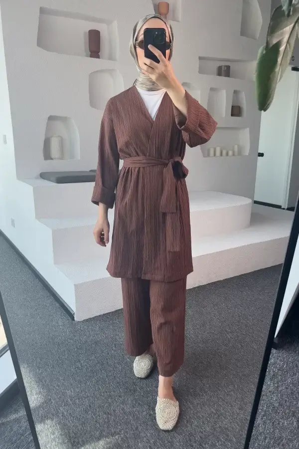 Kahverengi Kimono Müslin Ceket - Görsel 4