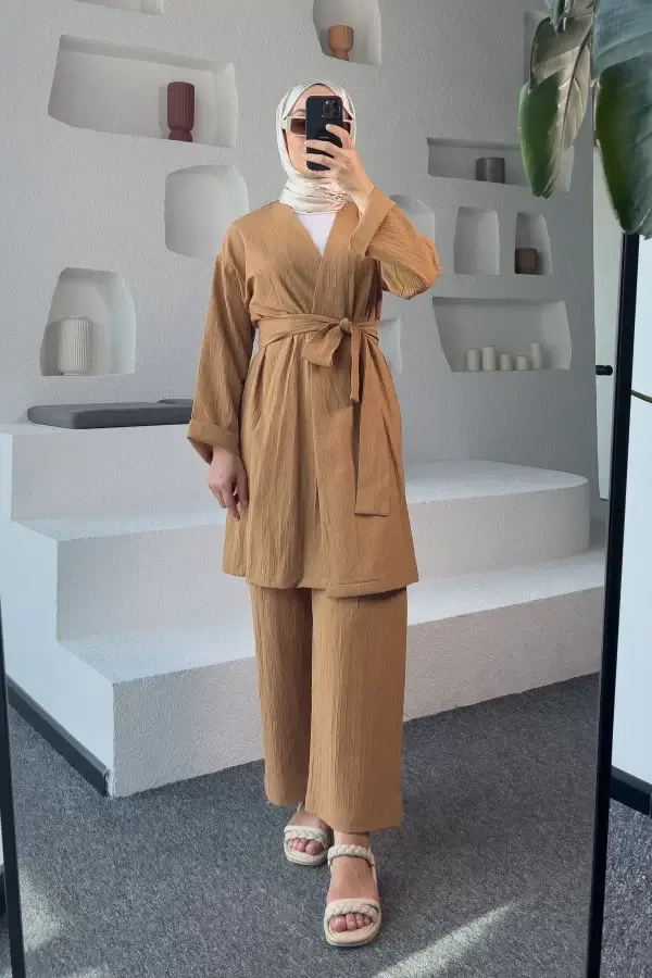 Camel Kimono Müslin Ceket - Görsel 4