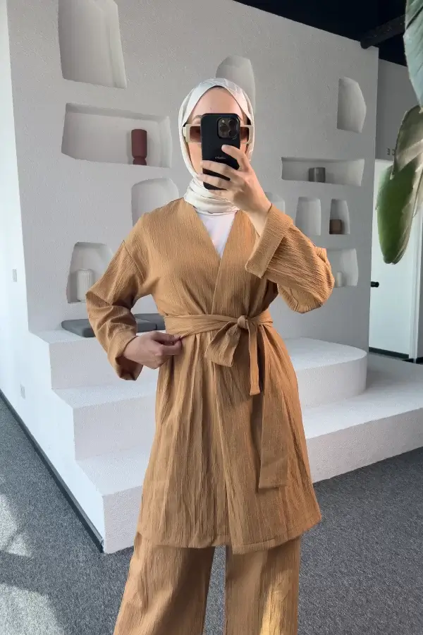 Camel Kimono Müslin Ceket - Görsel 3