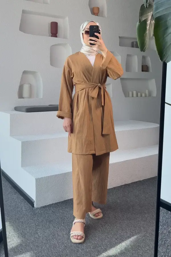 Camel Kimono Müslin Ceket - Görsel 5