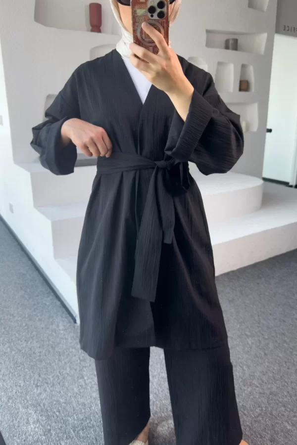 Siyah Kimono Müslin Takım - Görsel 3