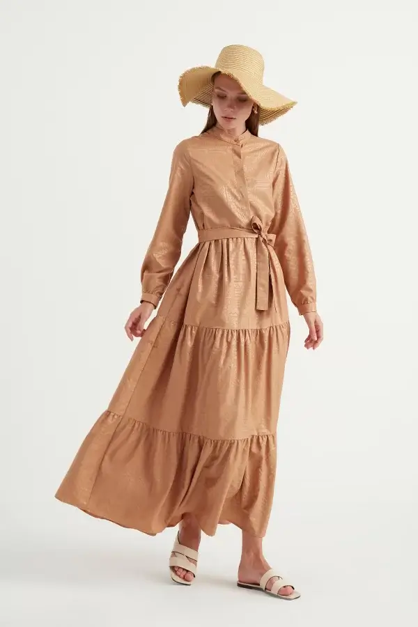 Camel Yakma Desen Elbise - Görsel 3