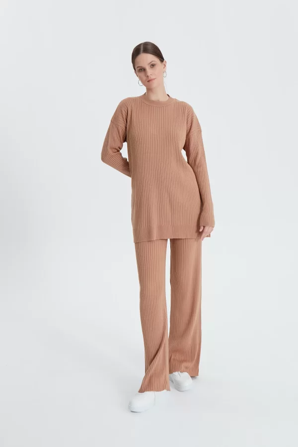 Camel Fitilli Triko Pantolon Takım - Görsel 3