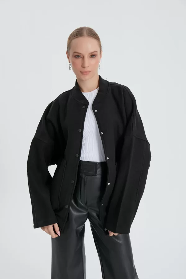 Siyah Bomber Kaşe Ceket - Görsel 5
