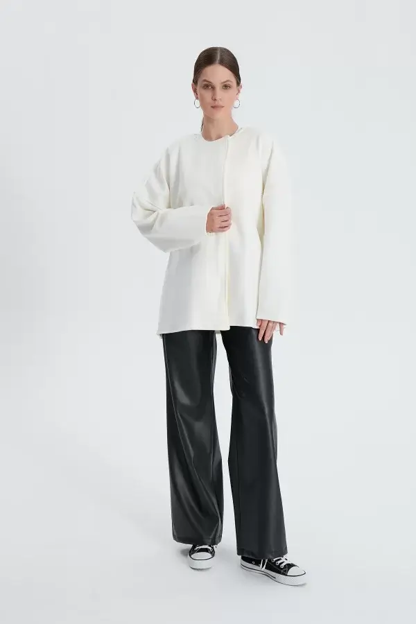 Beyaz Oversize Kaşe Kaban - Görsel 7