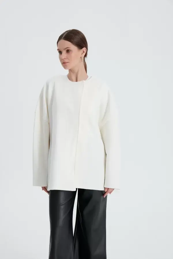Beyaz Oversize Kaşe Kaban - Görsel 5