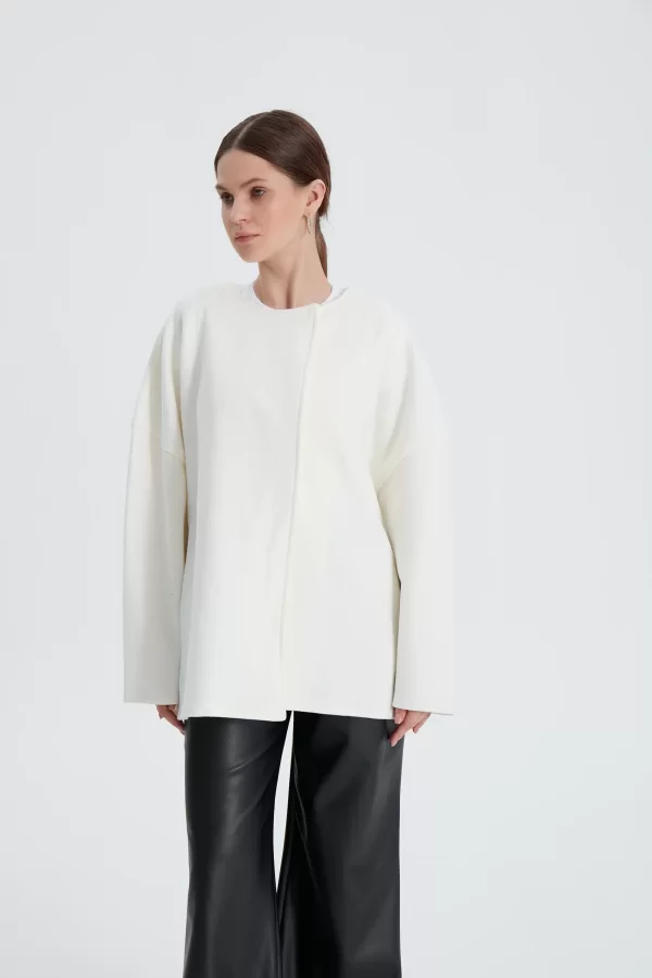 Beyaz Oversize Kaşe Kaban - Görsel 5