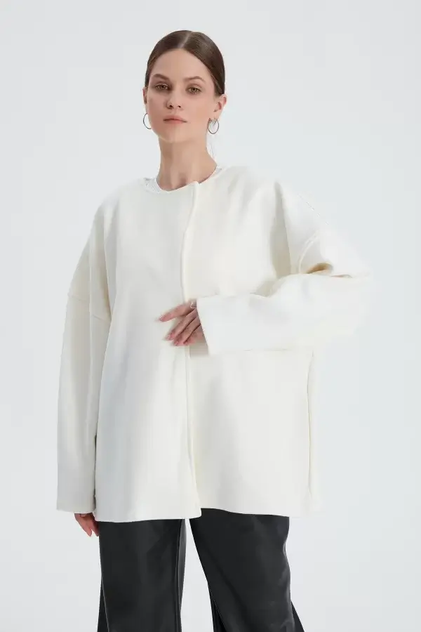 Beyaz Oversize Kaşe Kaban
