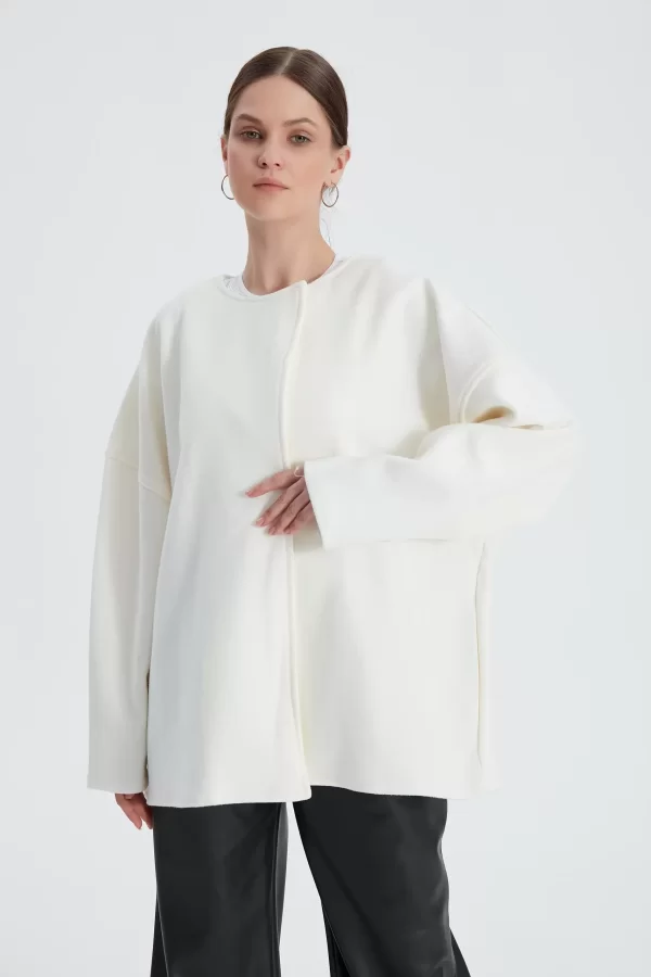 Beyaz Oversize Kaşe Kaban