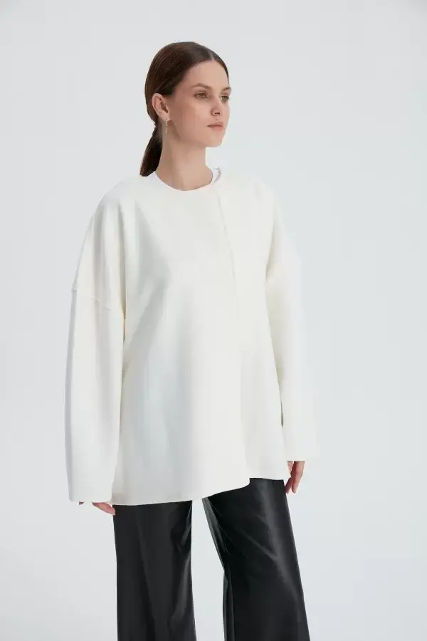 Beyaz Oversize Kaşe Kaban - Görsel 3