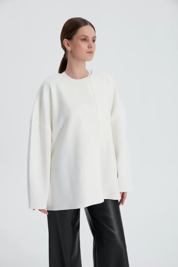 Beyaz Oversize Kaşe Kaban - Görsel 3