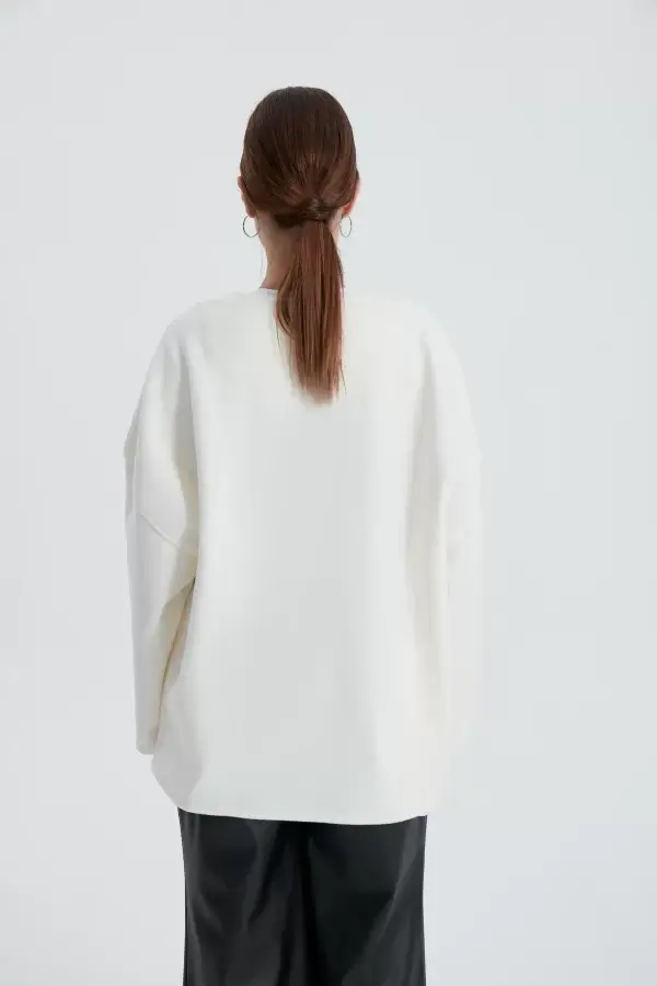 Beyaz Oversize Kaşe Kaban - Görsel 8