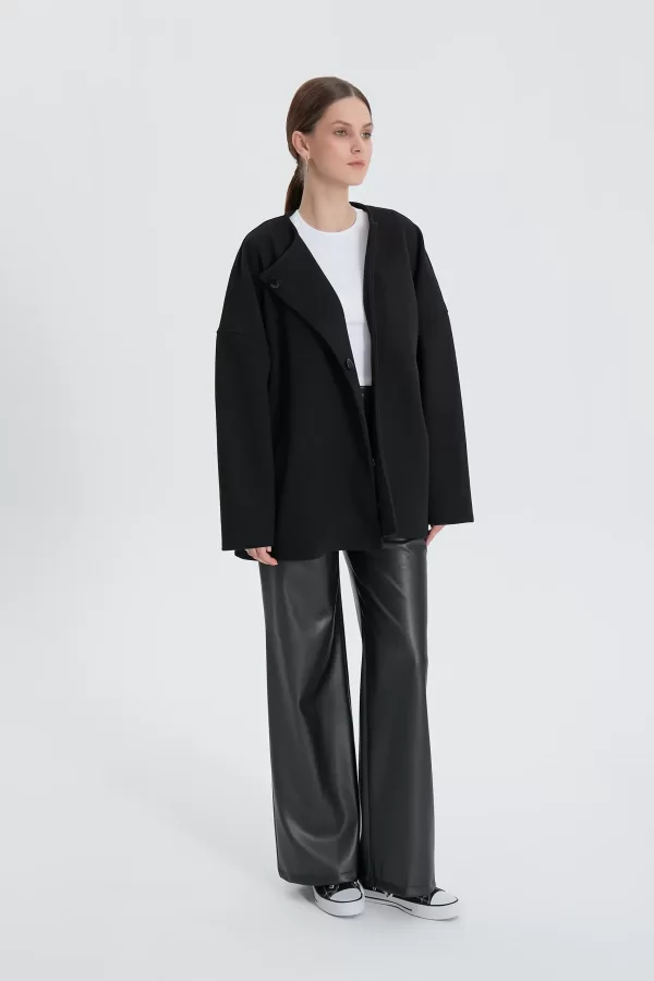 Siyah Oversize Kaşe Kaban - Görsel 5