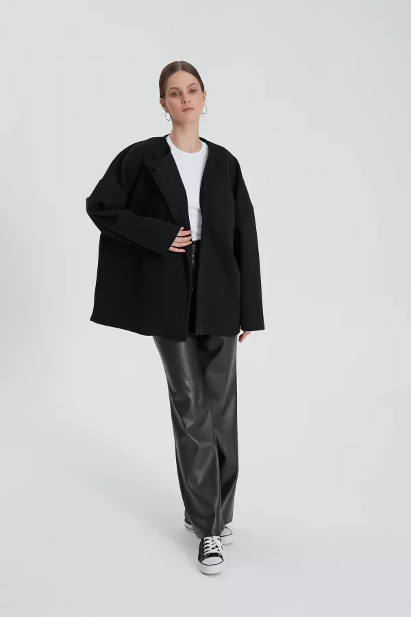 Siyah Oversize Kaşe Kaban - Görsel 6