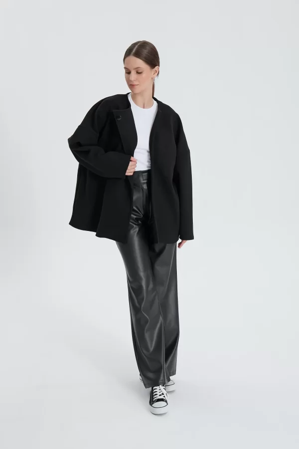 Siyah Oversize Kaşe Kaban - Görsel 4
