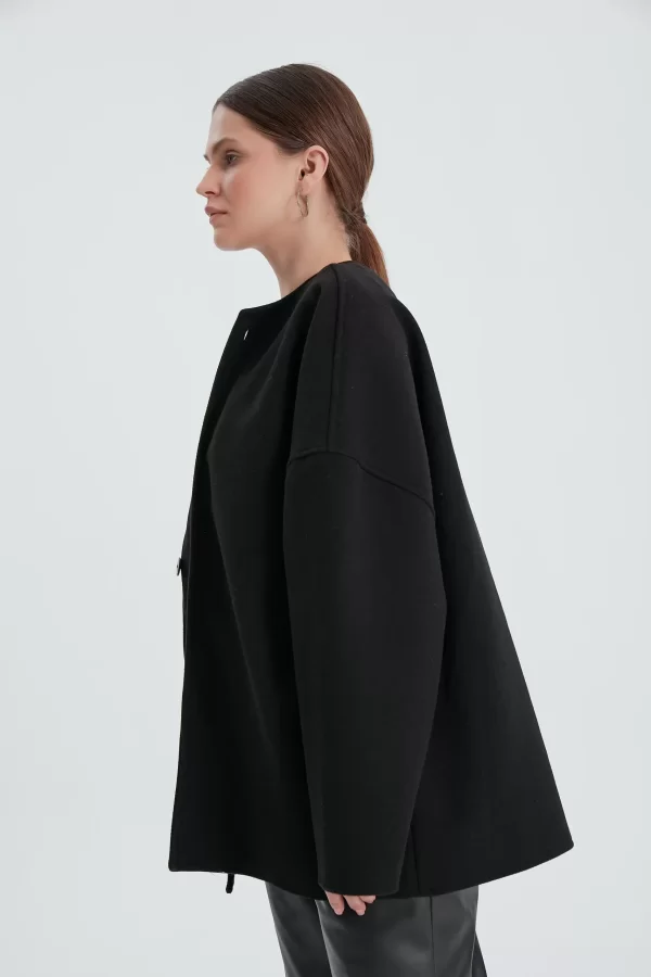 Siyah Oversize Kaşe Kaban - Görsel 3