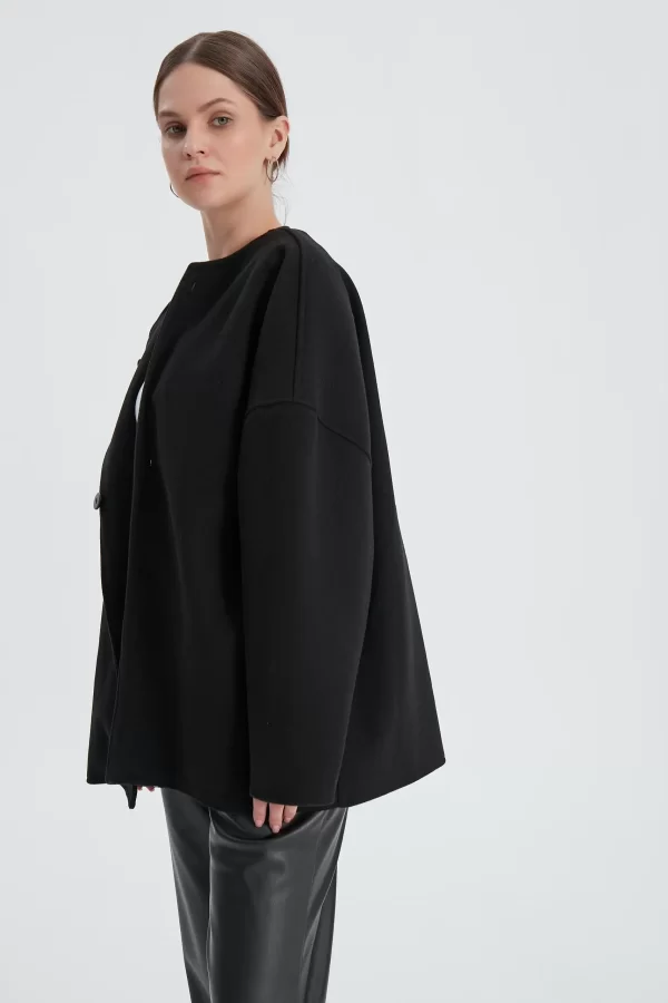 Siyah Oversize Kaşe Kaban - Görsel 2