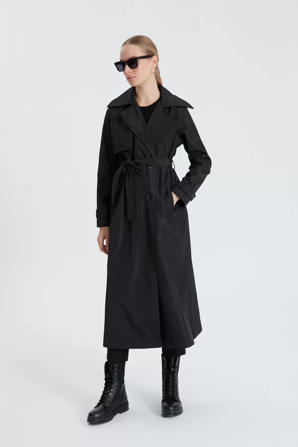 Siyah Classic Kemerli Trençkot - Görsel 3