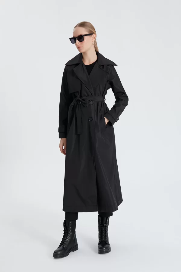 Siyah Classic Kemerli Trençkot - Görsel 3