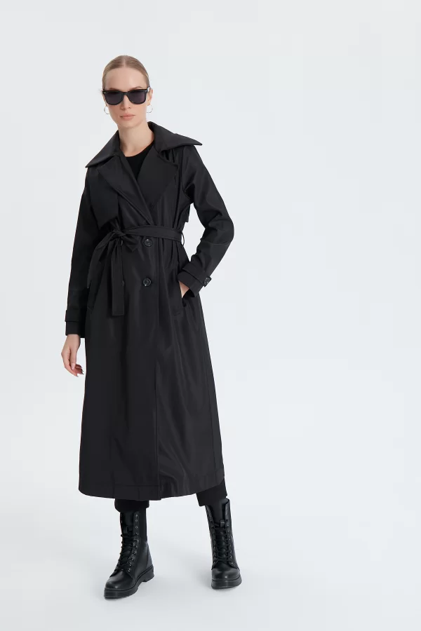 Siyah Classic Kemerli Trençkot - Görsel 4