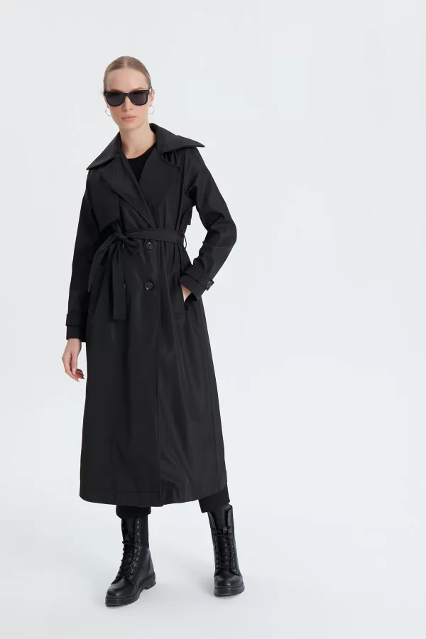 Siyah Classic Kemerli Trençkot - Görsel 4