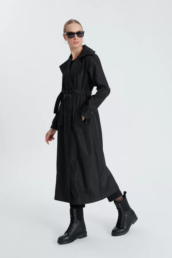 Siyah Classic Kemerli Trençkot - Görsel 5