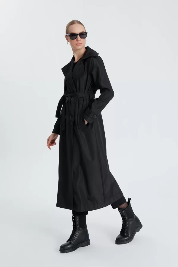 Siyah Classic Kemerli Trençkot - Görsel 5