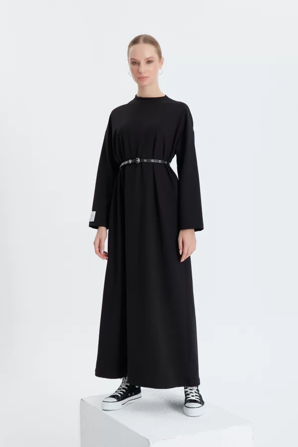 Siyah Rahat Kesim Sweat Elbise - Görsel 5