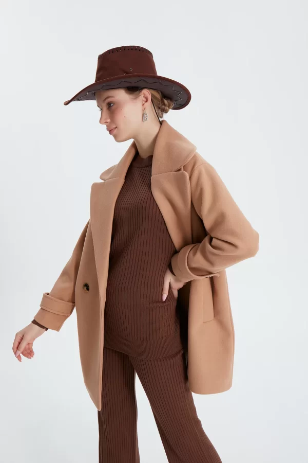 Camel Çift Düğme Kaşe Kaban - Görsel 2