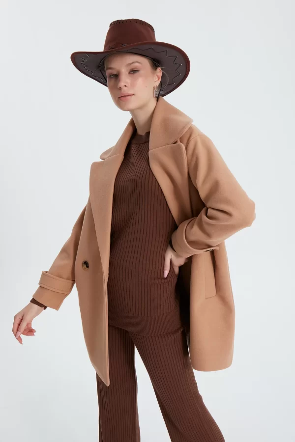 Camel Çift Düğme Kaşe Kaban - Görsel 3