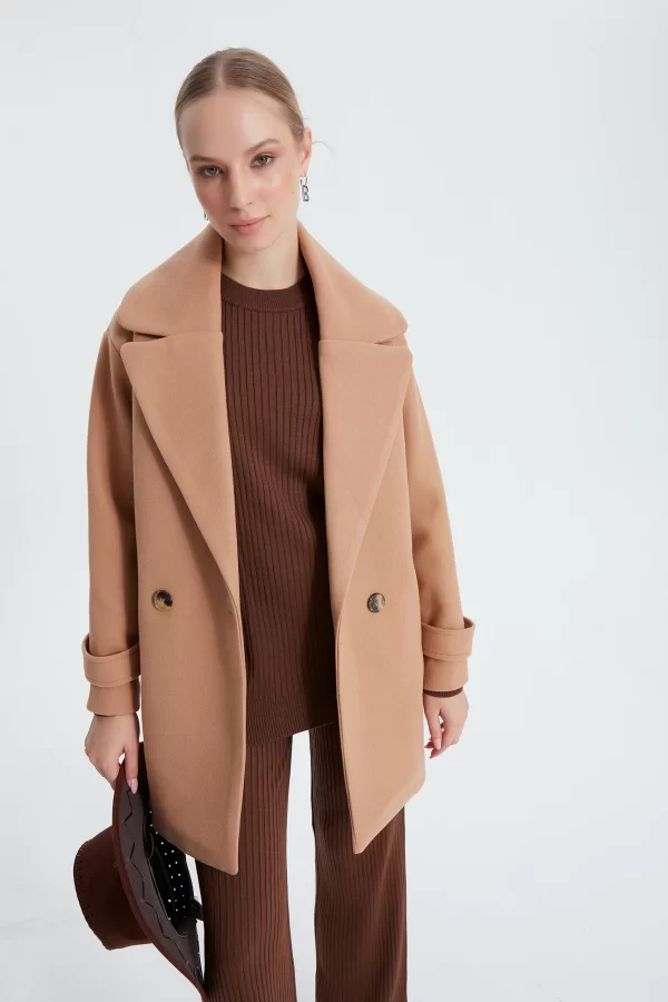 Camel Çift Düğme Kaşe Kaban - Görsel 6