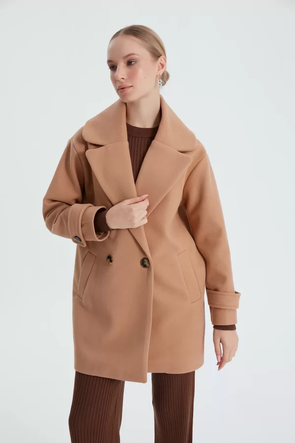 Camel Çift Düğme Kaşe Kaban - Görsel 9