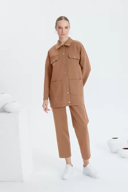 Camel Metal Detaylı Scuba Ceket Takım