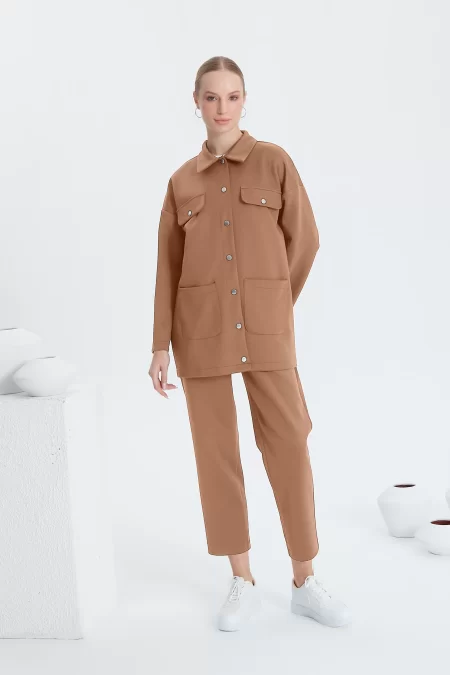 Camel Metal Detaylı Scuba Ceket Takım