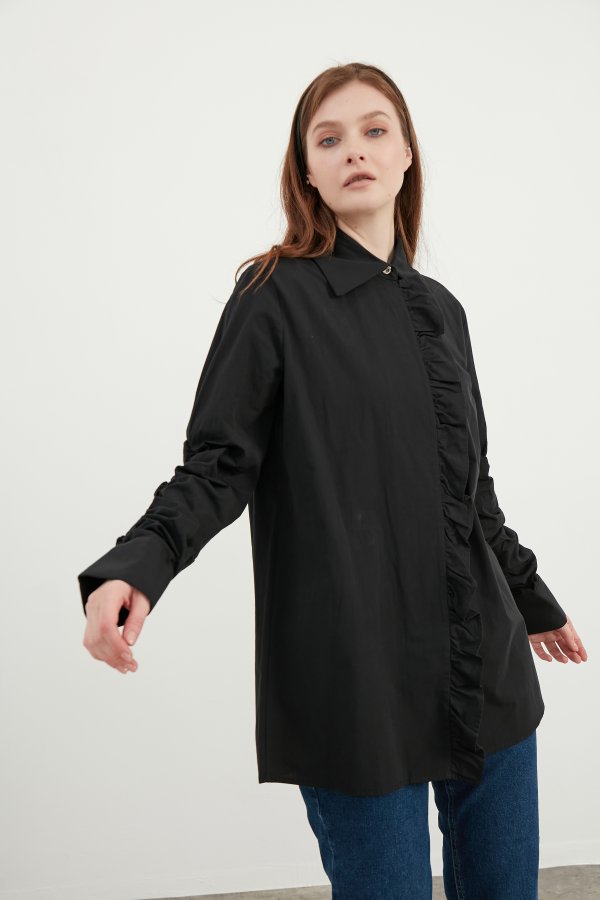 Siyah Fırfır Detaylı Poplin Tunik - Görsel 4