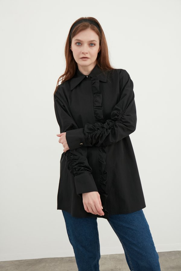 Siyah Fırfır Detaylı Poplin Tunik - Görsel 5
