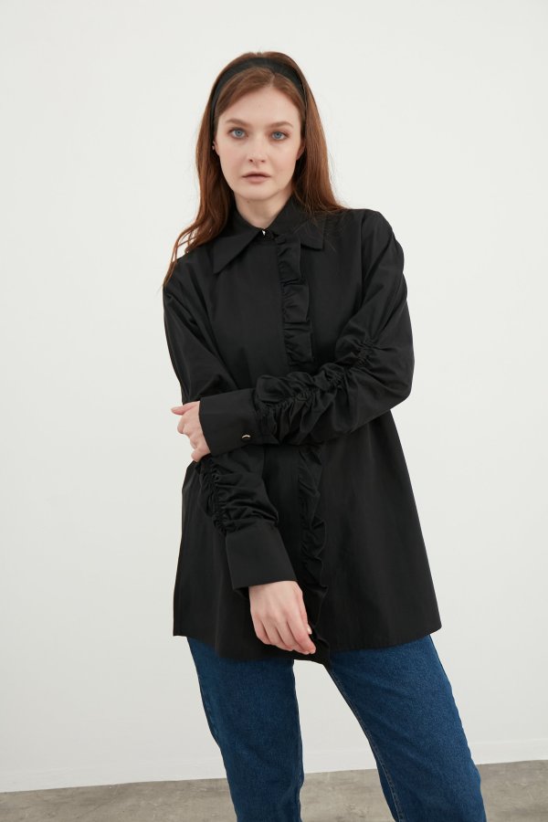 Siyah Fırfır Detaylı Poplin Tunik - Görsel 5