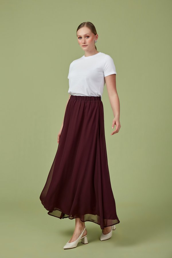 Bordo Şifon Kloş Etek - Görsel 5