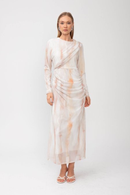 Turuncu Batik Desen Tül Elbise